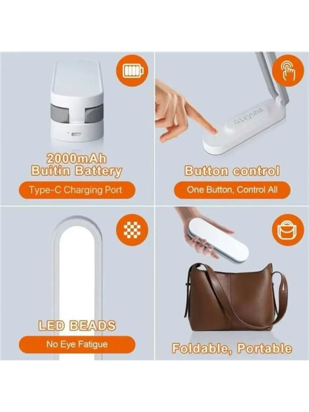 LED Desk Lamp Rechargeable Battery Operated Foldable Portable Dimmable White